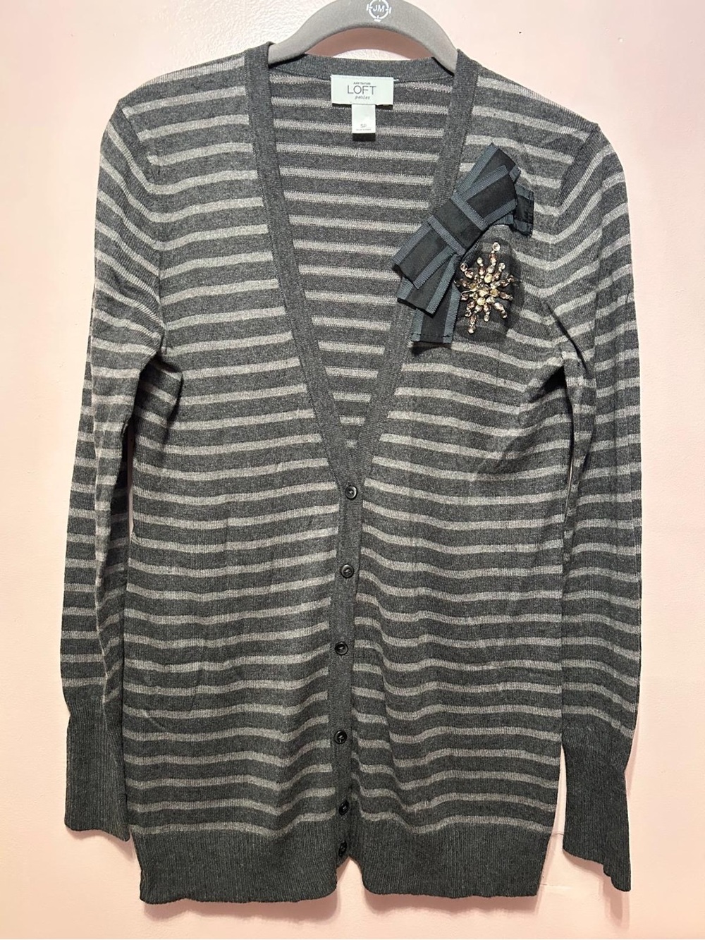 LOFT Gray and Light Gray Striped V-Neck Cardigan with Decorative Brooch